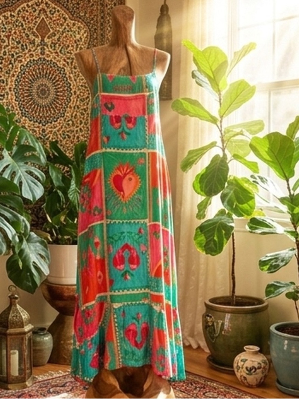 Anthropologie Paper Heart Perfect Match Boho Maxi Dress in Turquoise & Coral Fun